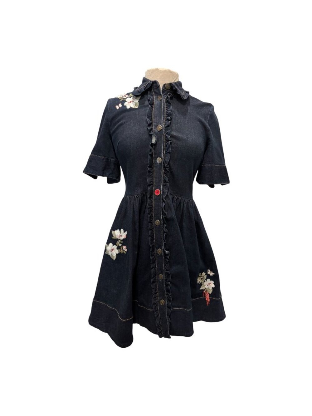 Kate Spade Embroidered Denim Shirt Dress Women’s 4? (See Measurements) Ruffle Bu - Picture 2 of 9